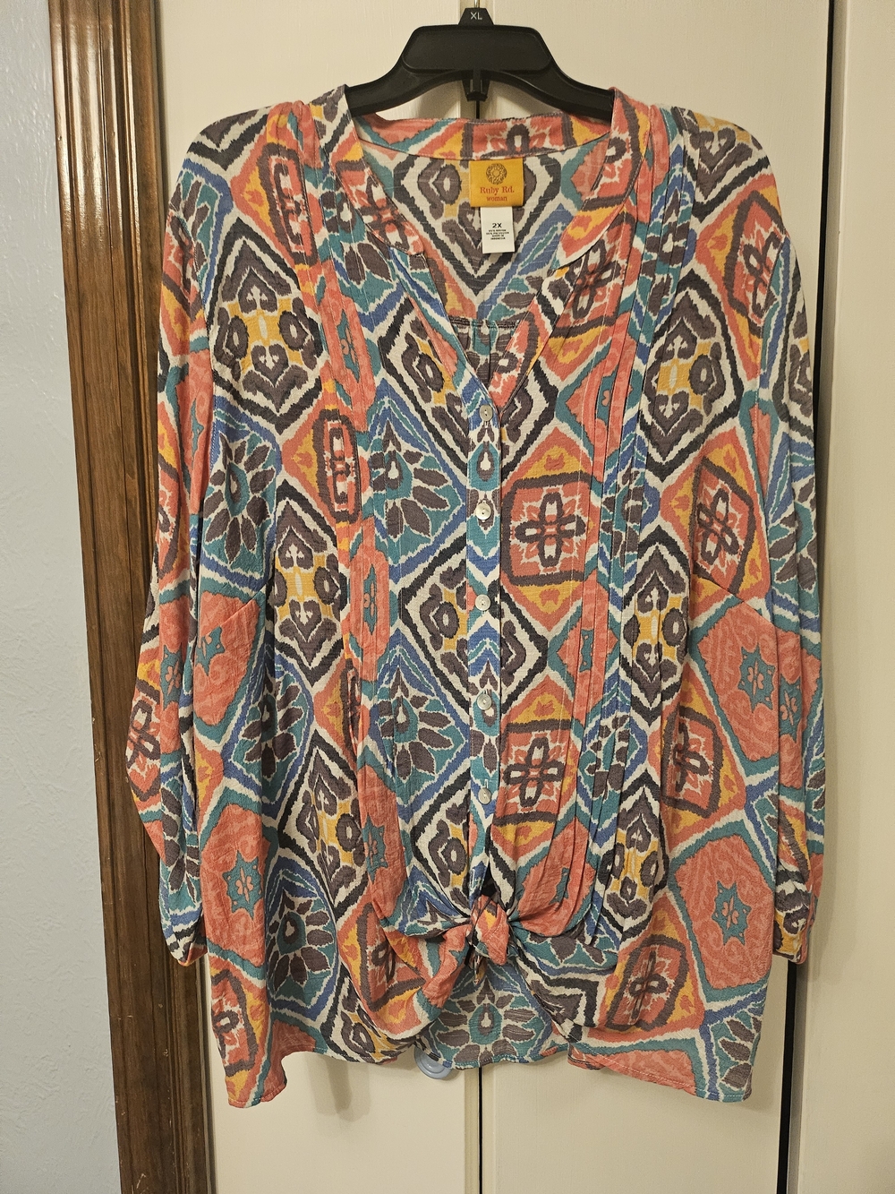 Ruby Rd. Women's Multicolor Button-Front Mixed Print Top - Coral/Blue